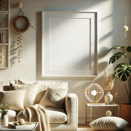 Mock up poster frame in scandinavian interior background, 3d render