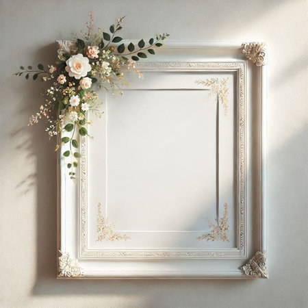 Vintage frame with flowers on white wall background. Wedding decor.