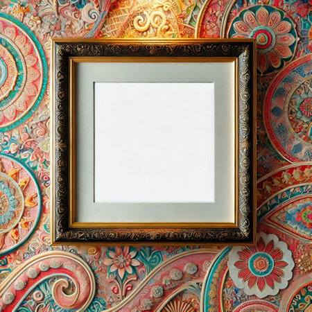 Blank frame on the wall in the room with a colorful patternの写真素材