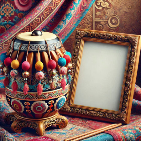 Vintage ethnic drum and photo frame on the oriental background.の写真素材