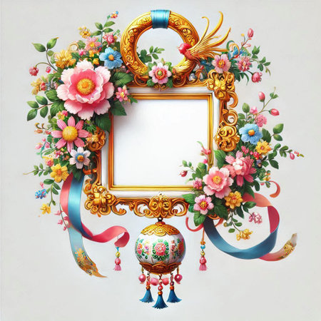 Illustration of a frame with flowers and ribbons on a white backgroundの写真素材