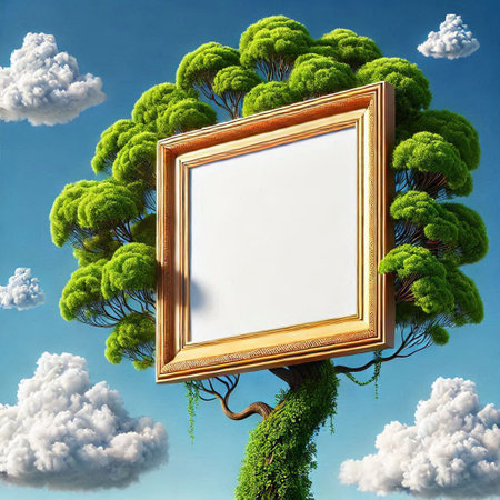 Wooden frame on green tree with sky background. 3D renderingの写真素材