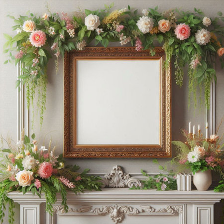 Mock up blank frame in classic interior with flowers. 3d render