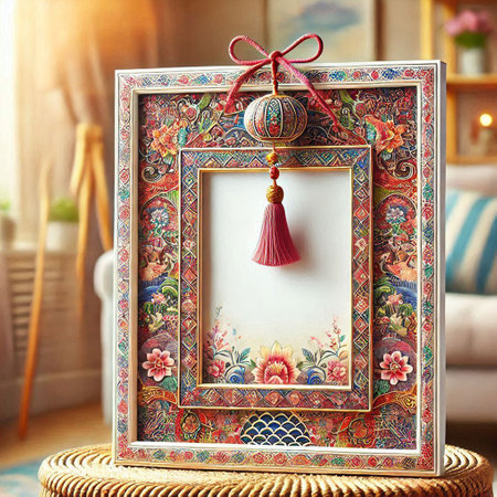 Beautiful vintage photo frame with a hanging red ball in the interior