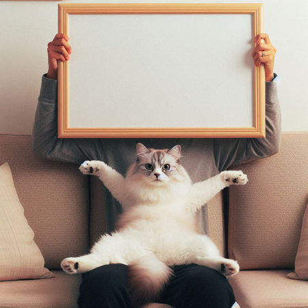 Beautiful cat sitting on sofa with blank picture frame.の写真素材