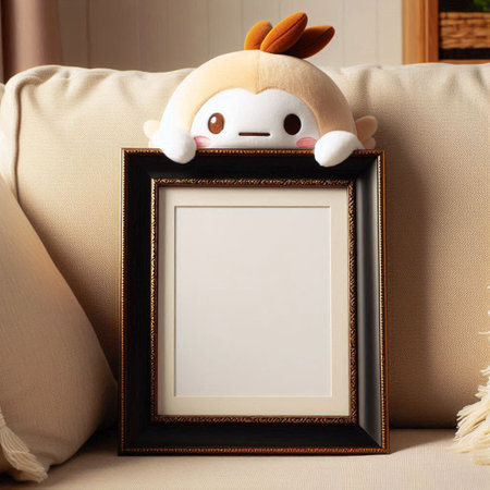 Photo frame with cute kawaii character on sofa, closeupの写真素材
