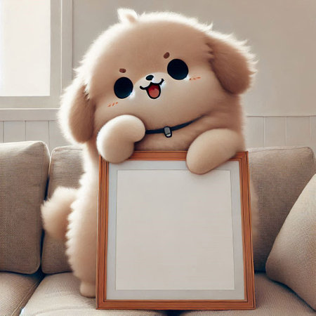 Cute puppy with blank photo frame on sofa at home, tonedの写真素材