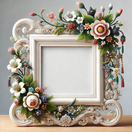 Beautiful vintage photo frame with floral decoration on wooden table over gray wall