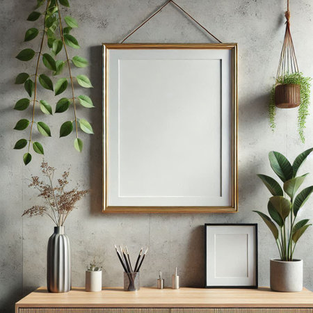 Mock up poster frame in hipster interior background, 3D render