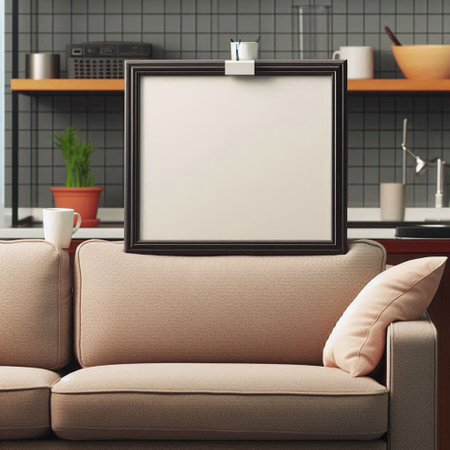 Modern living room interior with beige sofa, coffee cup and blank poster. Mock up, 3D Renderingの写真素材