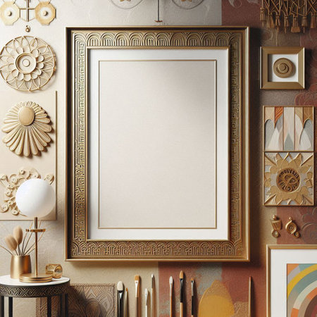 Mock up blank frame, 3d render, beige backgroundの写真素材