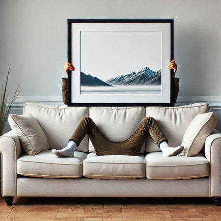 Man sitting on a sofa in the living room with a picture frameの写真素材