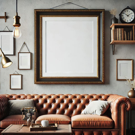 Interior of modern living room with brown leather sofa, coffee table, bookshelf, lamp, picture frame mockup, 3d renderの写真素材