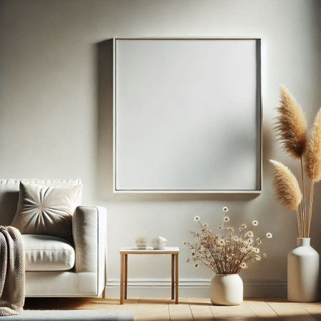 Mock up poster frame in interior background, Scandinavian style, 3D render