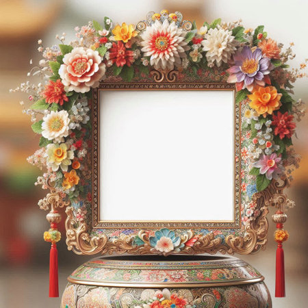 Vintage picture frame with colorful flowers on the table in the roomの写真素材