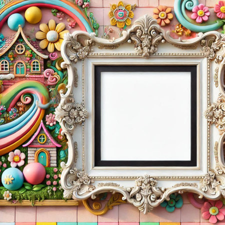 Vintage frame on colorful wall background. Copy space for text.の写真素材