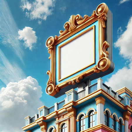 3D render of a building with a signboard in the sky