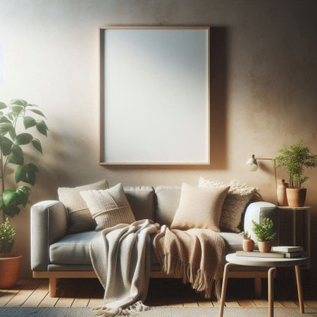 Mock up poster frame in interior background, Scandinavian style, 3D renderの写真素材