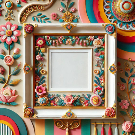 Vintage frame with floral design on colorful background. Flat lay.