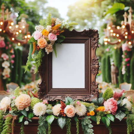 Blank photo frame on the table with flowers. Wedding decoration.の写真素材