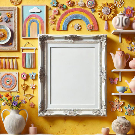 Mock up frame with colorful decor on yellow wall background. Flat lay.