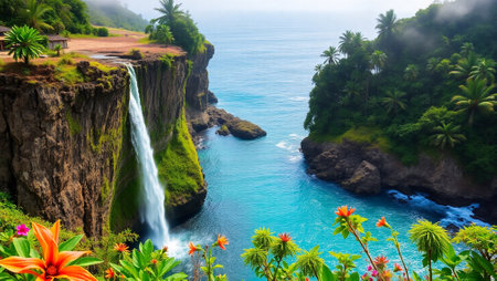 Tropical waterfall on the island of Kauai, Hawaii.