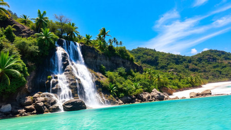 Waterfall on tropical beachの写真素材