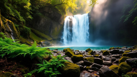 Beautiful waterfall in deep forest. Nature composition. Beauty world.の写真素材