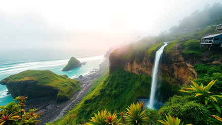 Waterfall in Bali island, Indonesia. Panoramic viewの写真素材