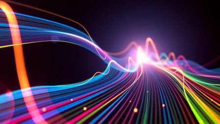 abstract background with dynamic waves and lights, 3d render illustrationの写真素材