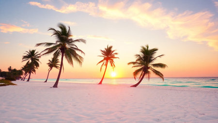 Beautiful tropical beach and sea with coconut palm tree at sunset time - Vintage Filterの写真素材