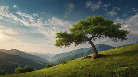 Lonely tree on the hillside in the mountains. Beauty in nature.