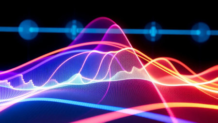 abstract background with bokeh defocused lights and wave lines