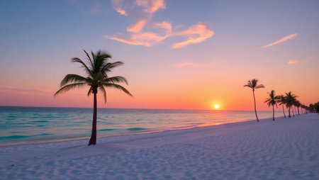 Palm trees on the beach at sunset. Beautiful tropical background.の写真素材