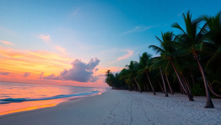 Beautiful tropical beach at Maldives island with coconut palm tree at sunsetの写真素材