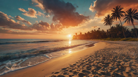 Beautiful sunset over the sea, palm trees and sand on the beachの写真素材