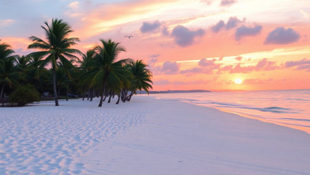 Palm trees on the beach at sunset in the tropics.の写真素材