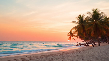 Beautiful tropical beach with coconut palm tree at sunset time - Vintage Filter