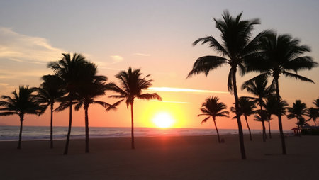 Sunset on the beach with palm trees silhouetted by the sunの写真素材