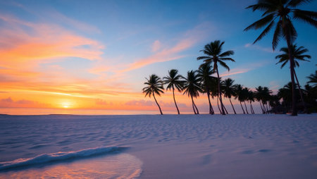 Beautiful sunset on the beach with coconut palm trees. Maldivesの写真素材