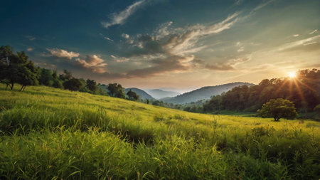 Landscape of green field at sunsetの写真素材