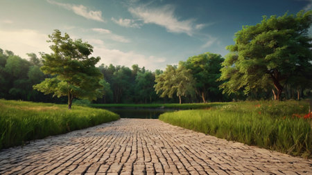 paving stone road in the park at sunset, vintage color toneの写真素材
