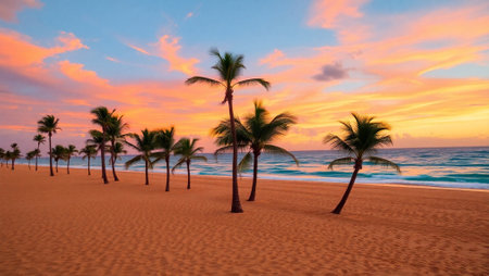 Palm trees on the beach at sunset. Beautiful nature background.の写真素材