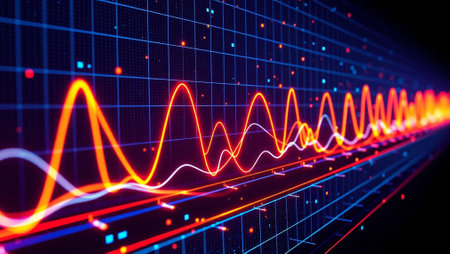 abstract glowing sound wave on blue background, 3d render illustrationの写真素材