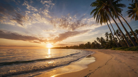 Beautiful tropical beach at sunset with palm trees. Panorama.の写真素材