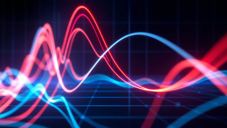 3d render of sound waveform with blue and red lines on dark backgroundの写真素材