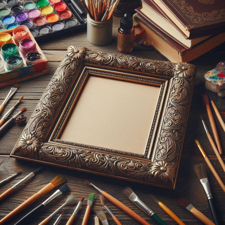 Vintage photo frame and brushes on wooden background. Top view.の写真素材