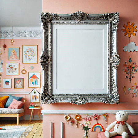 Interior of a child room with a picture frame on the wall