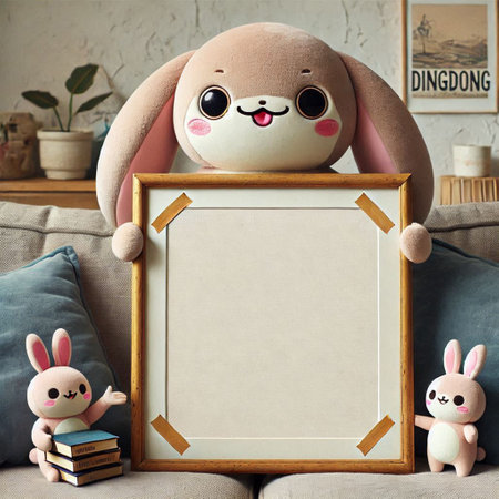 Cute bunny with blank frame on sofa in living room, mockupの写真素材