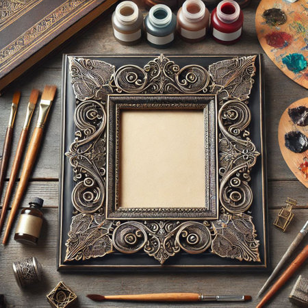 Vintage photo frame and brushes on wooden background. Top view.の写真素材